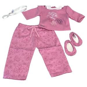 American Girl Doll Pajamas Pink Pjs Slippers Headband Long Sleeve Over Tank New
